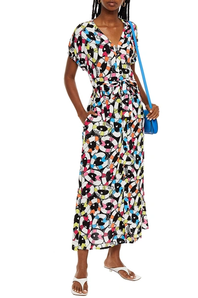 Love Moschino Belted Shirred Printed Jacquard Midi Dress In Multicolor