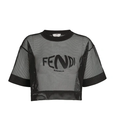 Fendi Mesh Cropped Logo T-shirt In Black
