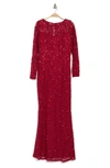 Marina Sequin Lace Long Sleeve Gown In Red