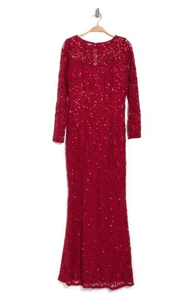 Marina Sequin Lace Long Sleeve Gown In Red