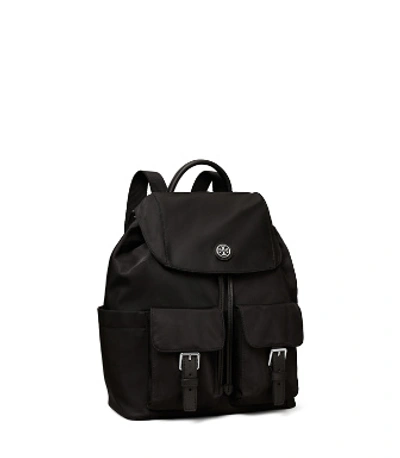 Tory Burch Nylon Flap Backpack In Black/silver