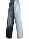 Balenciaga 50/50 Wide-leg Embroidered Colour-block Jeans In Blau