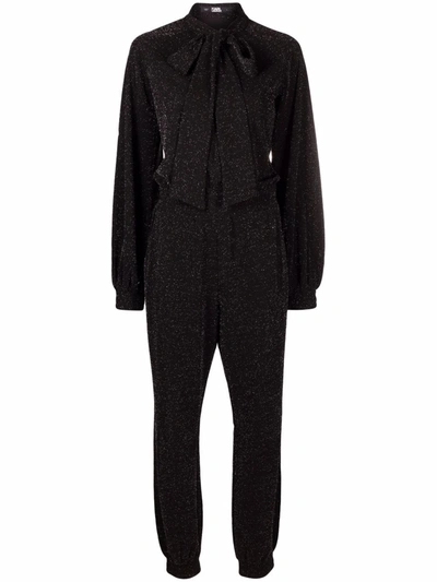 Karl Lagerfeld Scarf-neck Lurex Jumpsuit In Schwarz