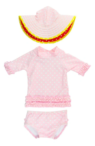 Rufflebutts Babies'  Two-piece Rashguard Swimsuit & Hat Set In Pink
