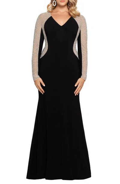 Xscape Crystal Beaded Long Sleeve Gown In Black Nude Silver