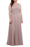Xscape Chiffon Beaded Long Sleeve Gown In Taupe
