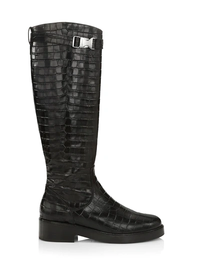 Staud Claud Buckle Riding Boots In Black Faux Croc