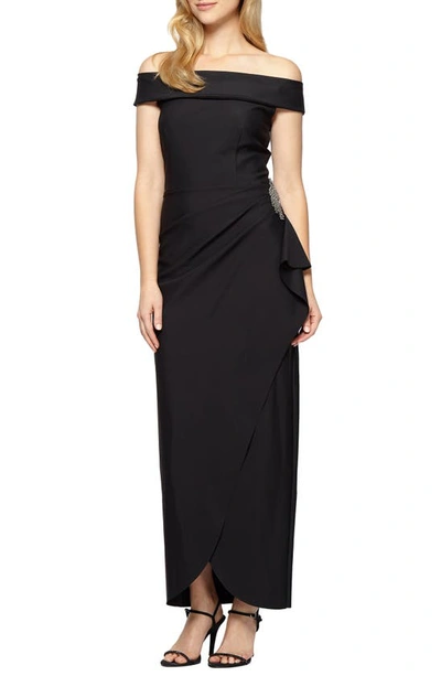 Alex Evenings Off The Shoulder Side Swept Evening Gown In Black