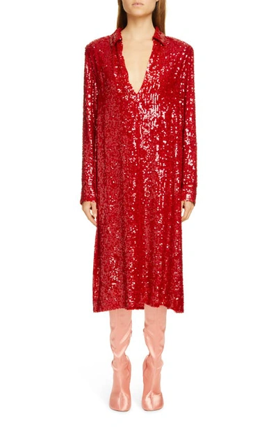 Dries Van Noten Della Sequin Long Sleeve Shirtdress In Red