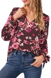 Cece Long Sleeve V-neck Top In Floral Display Rich Cabernet