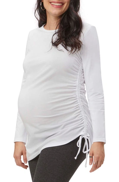 Stowaway Collection Asymmetrical Drawstring Maternity Top In White