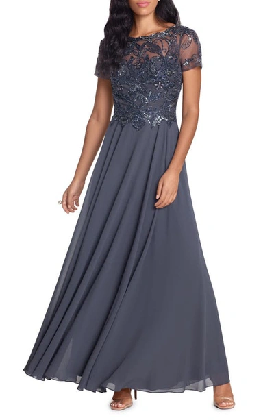 Xscape Long Chiffon Skirt Beaded Top Dress In Charcoal
