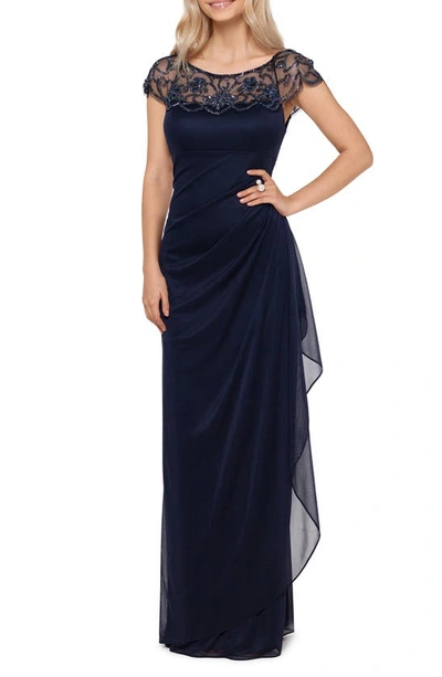 Xscape Petite Embellished Illusion-yoke Gown In Navy Blue