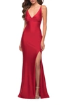 LA FEMME CROSS BACK SATIN JERSEY TRUMPET GOWN,29785