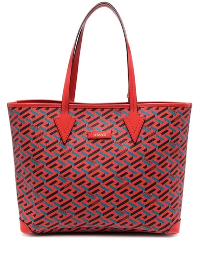 Versace La Greca Leather Tote Bag In Red