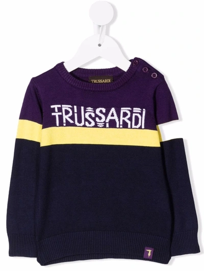 Trussardi Junior Babies' Intarsia-knit Buttoned Logo Jumper In Purple