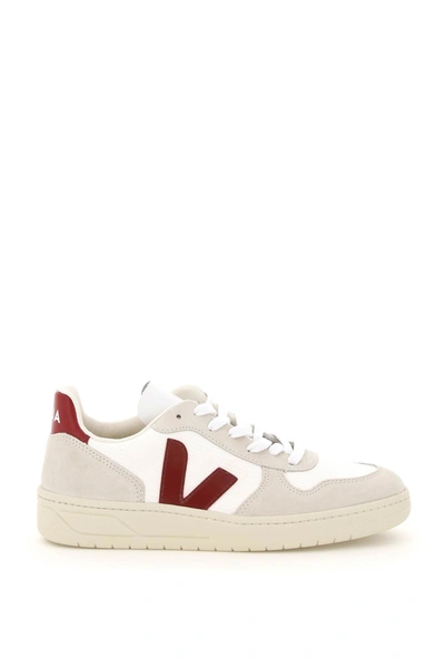 Veja V-10 Recycled Mesh Lace-up Sneakers In White,grey,red