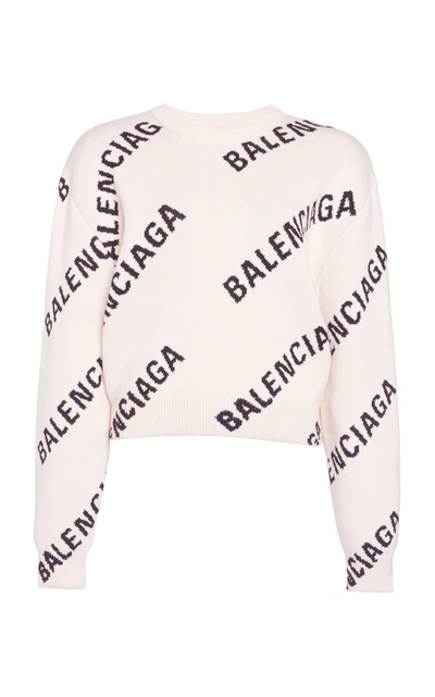 Balenciaga Off-white Cropped Allover Logo Sweater In Yellow Cream