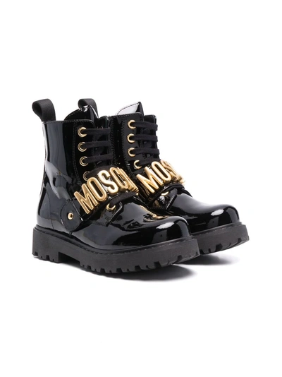 Moschino Kids' Logo-strap Patent Lace-up Boots In Black