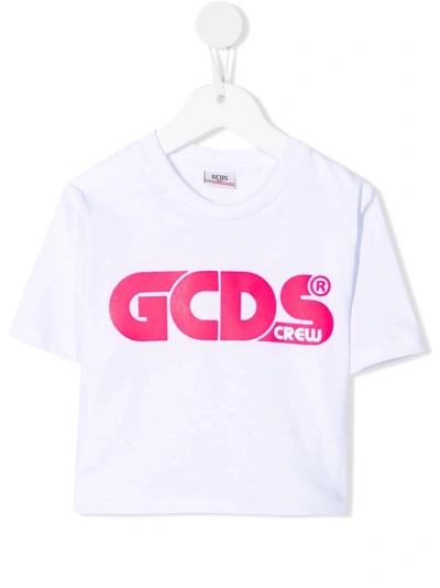 Gcds Kids' Logo-print Cropped T-shirt In White