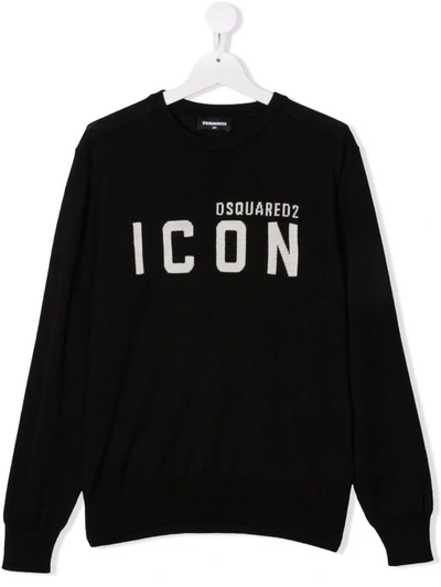 Dsquared2 Kids' Icon Intarsia Wool Blend Knit Sweater In Black