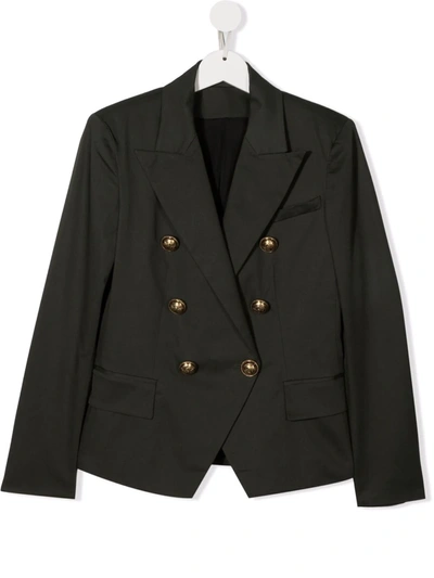 Balmain Dark Green Kids Double-breasted Blazer With Golden Embossed Buttons In Military Green
