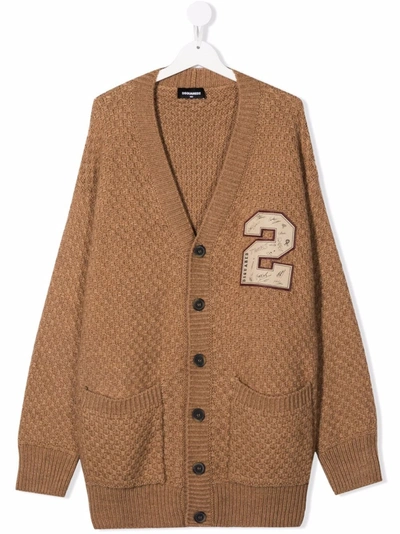 Dsquared2 Teen Embroidered Badge Textured-knit Cardigan In Beige