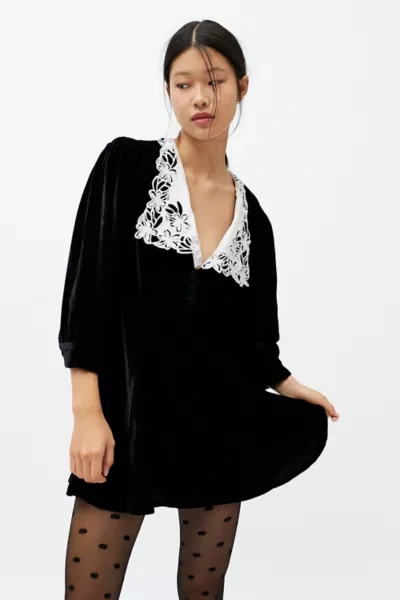 Urban Outfitters Uo Marigold Velvet Lace Collar Mini Dress In Black