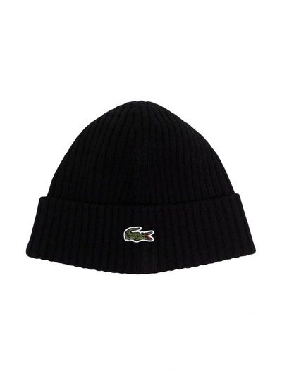 Lacoste Crocodile-embroidered Wool Beanie In 黑色
