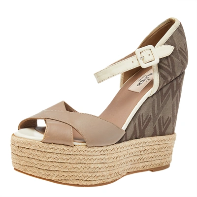 Pre-owned Valentino Garavani Beige/brown Leather And Fabric Wedge Platform Espadrille Sandals Size 39.5