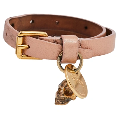 Pre-owned Alexander Mcqueen Skull Charm Pink Leather Gold Tone Double Wrap Bracelet