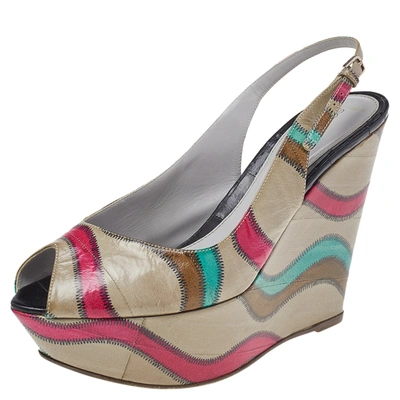 Pre-owned Sergio Rossi Multicolor Stitch Leather Platform Slingback Wedge Sandals Size 39 In Grey