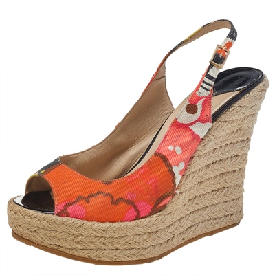 Pre-owned Jimmy Choo Multicolor Canvas Espadrille Wedge Slingback Sandals Size 37
