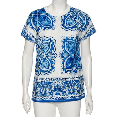 Pre-owned Dolce & Gabbana White And Blue Cotton Majolica Print Top Xs