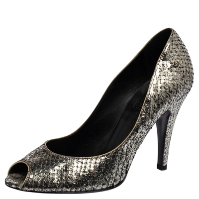 Pre-owned Chanel Silver Metallic Python Peep Toe Pumps Size 36.5