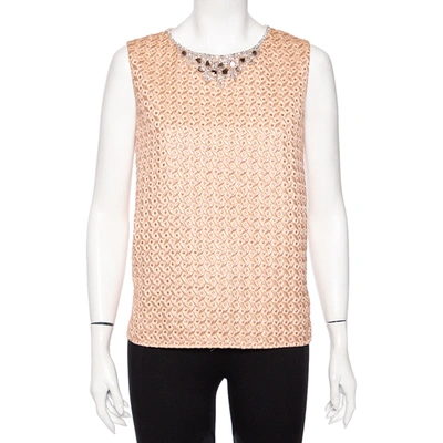 Pre-owned Max Mara Peach Patterned Crepe Embellished Neckline Detail Top L In Pink