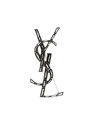 Saint Laurent Opyum Crocodile-effect Monogram Brooch In Black