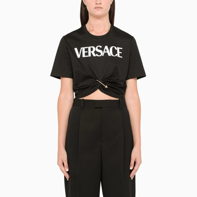 Versace Medusa Smiley Safety Pin Cotton Crop Graphic Tee In Black