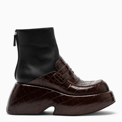 Loewe Croc-effect And Smooth Leather Platform Ankle Boots In Brown