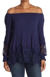 Forgotten Grace Crochet Trim Smocked Off-the-shoulder Top In Navy