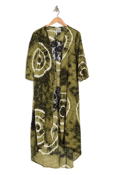 Forgotten Grace Woven Tie Dye Lace Panel Duster In Olive