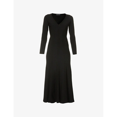 Alberta Ferretti Womens Black V-neck Ribbed Stretch-woven Midi Dress 14
