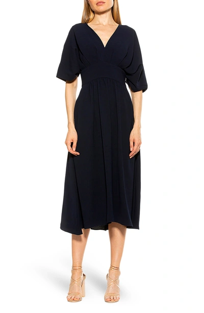Alexia Admor August Draped Midi Fit & Flare Dress In Navy
