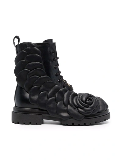 Florens Kids' Floral Embossed Lace-up Boots In Nero/rosa