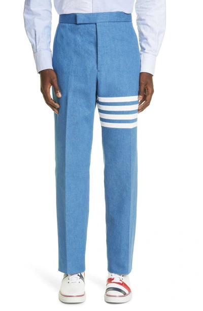 Thom Browne Striped Leg Rolled Up Washed Denim Trousers In Blue