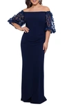 Xscape Plus Size Off-the-shoulder Dress With Floral Sleeves In Navy Blue