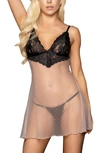 Mapalé Mapale Babydoll Chemise & Thong Set In Nude/ Black