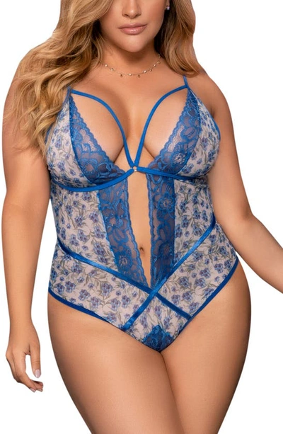 Mapalé Floral Print Open Gusset Teddy In Blossom Blue