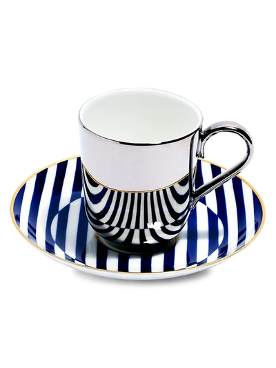 Richard Brendon The Superstripe Saucer & Platinum Espresso Cup In Navy White Gold