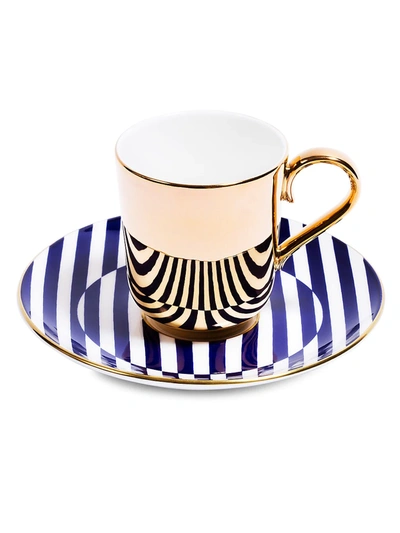 Richard Brendon The Superstripe Saucer & Gold Espresso Cup In Gold/blue & White